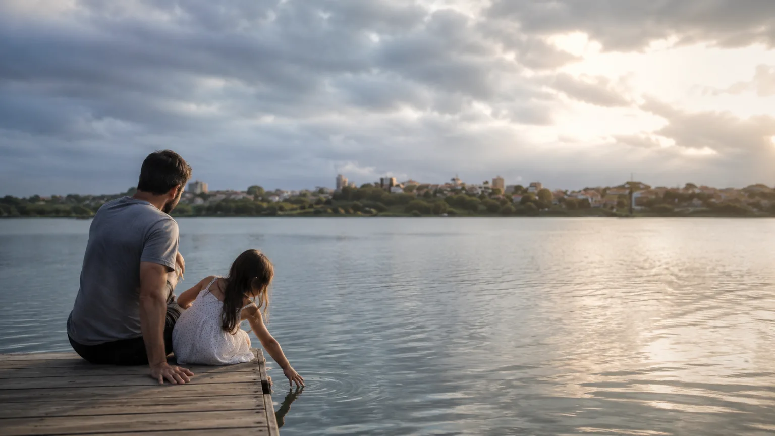 Pai e filha observando um lago ao entardecer, simbolizando o cuidado com a água e o futuro das próximas gerações.