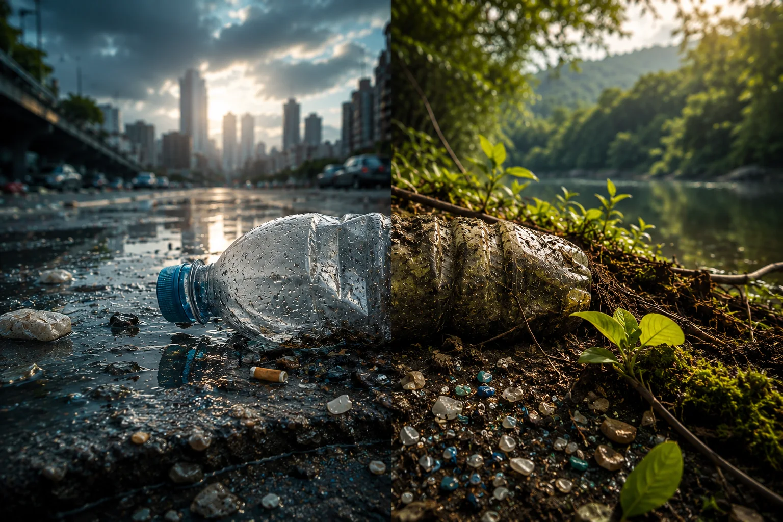 Garrafa plástica em contraste entre poluição urbana e natureza preservada.